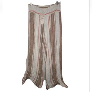 Boho Beachy Wide Split Leg Linen Pants Woman Large Tie Hem Striped High Waisted
